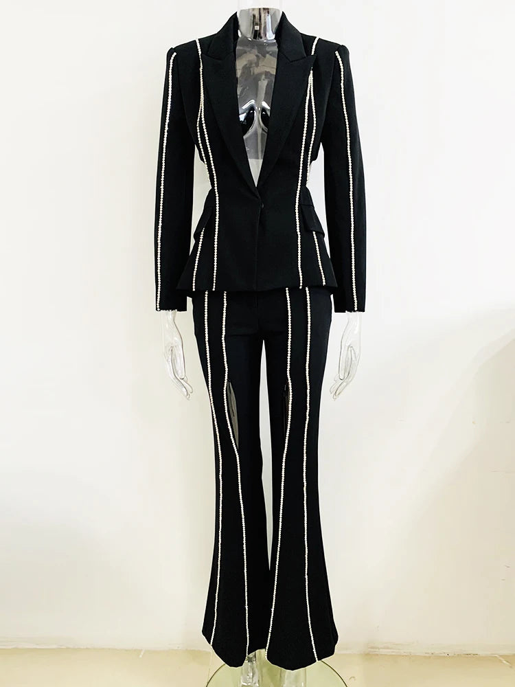 HIGH STREET Newest Fashion 2026 Designer Suit Set Women's Single Button Hollow Out Diamonds Beaded Blazer Flare Pants Set