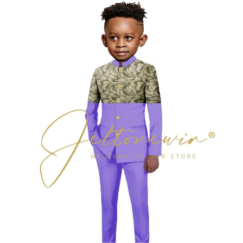 African Style Boys Suit Burgundy Gold Floral Jacket Pants 2 Piece Set Stand Collar Blazer Wedding Tuxedo Kids Formal Party Dress