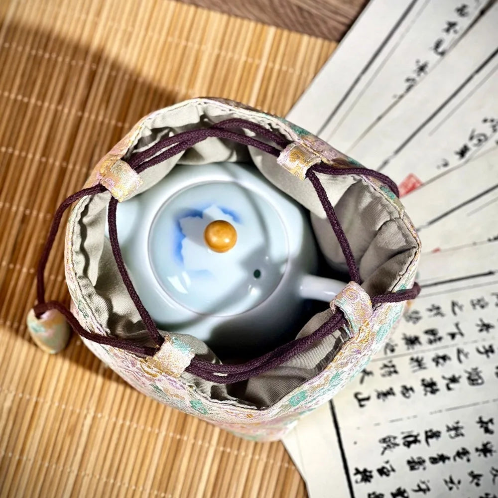 Chinese Style Tea Set Organizer Bag Embroidered Breakage-proof Teacup Drawstring Cloth Pouch Tea Ceremony Accessories