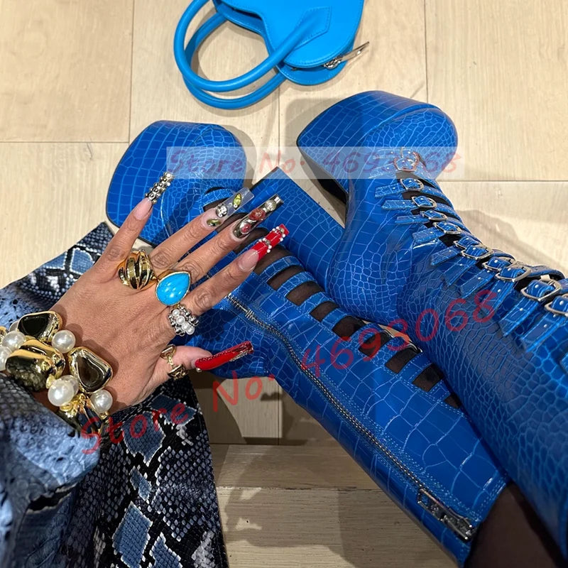 Blue Strappy Platform Mid Calf Boots Women Spring Crocodile Print Round Toe Boots Ladies 14 Buckle Straps Chunky High Heel Shoes