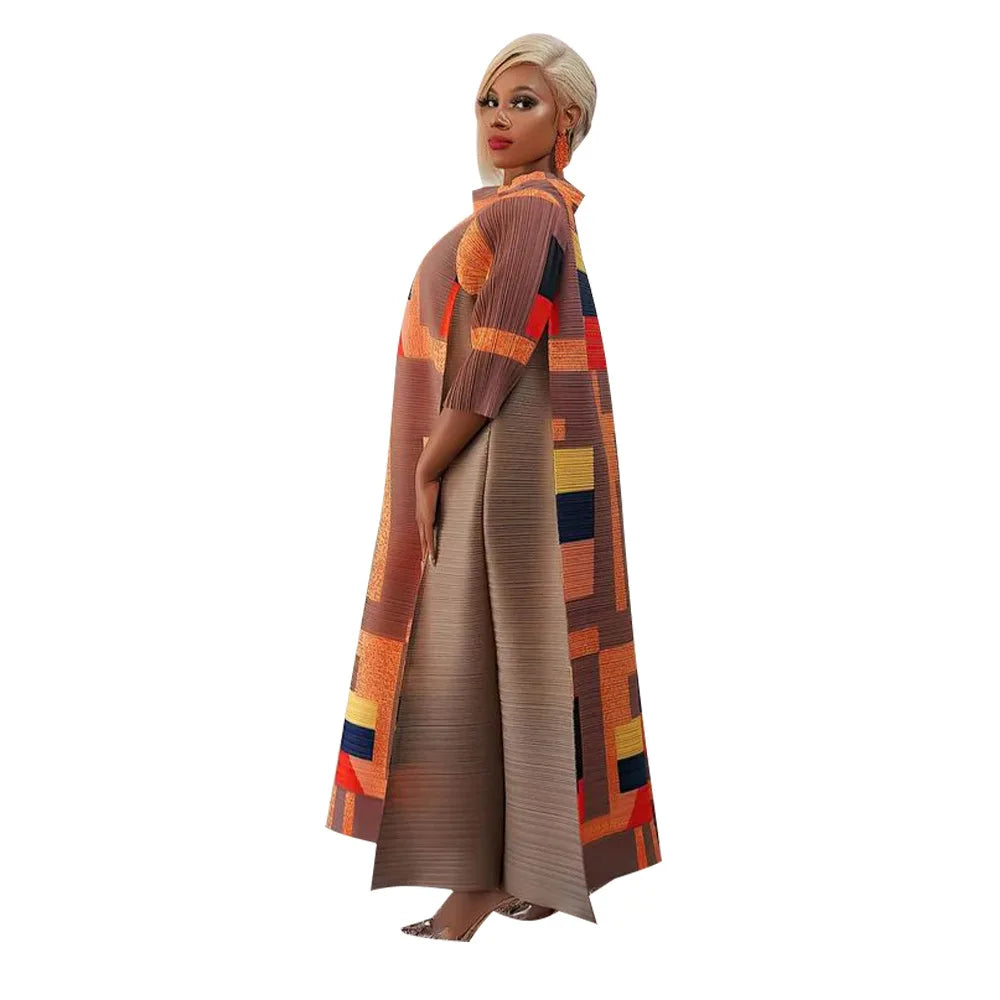 African Dresses for Women Summer Fashion Style African 3/4 Sleeve Polyester O-neck Pleated Dress Dashiki African Clothes Women