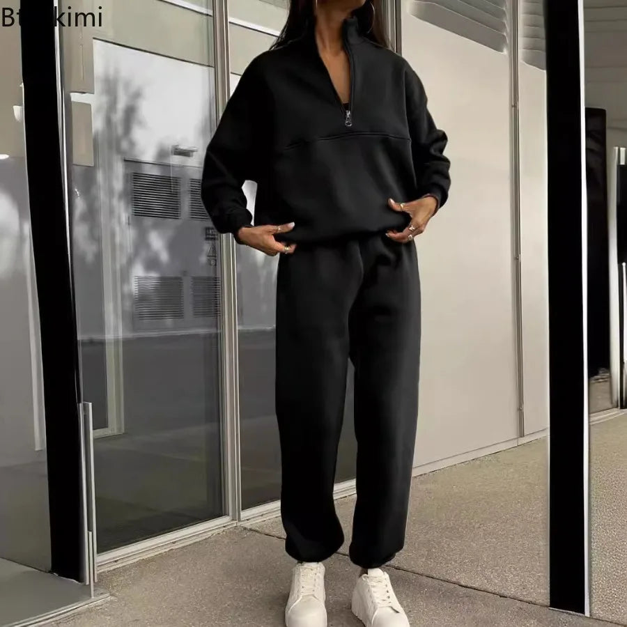 2026 Casual Pants Sets for Women Loose Long Sleeve Zipper Pullover Elastic Waist Trousers Two-piece Sets Women Tracksuit Outfits