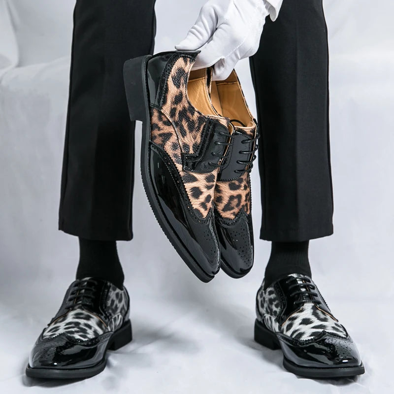 2025 Fashion Leopard Dress Shoes Man Pointed-Toe Lace-up Luxury Man Comfortable Leather Shoes For Men Plus Size 48 Oxford shoes