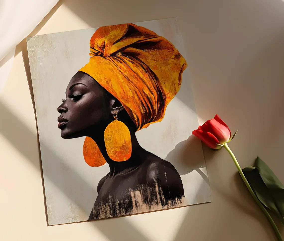 African Woman Portrait: Yellow Headwrap Art Print, Afrocentric Wall Decor