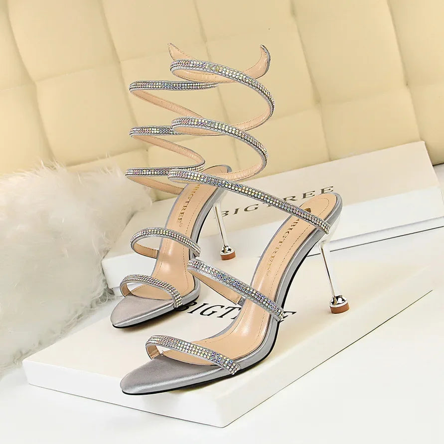 Summer Women 8.5cm High Heels Nightclub Silk Rhinestone Sandals Crystal Ankle Cross Strap Sandles Sexy Strange Gladiator Shoes