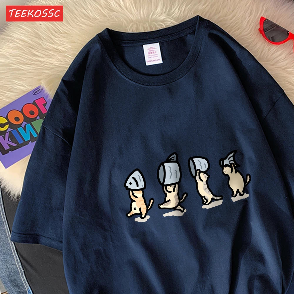 Four Little Cats Holding Fishcotton Women T-Shirts Cartoons Prints T Shirts Soft O-Neck Loose Short Sleeve Tops Summer Clothes
