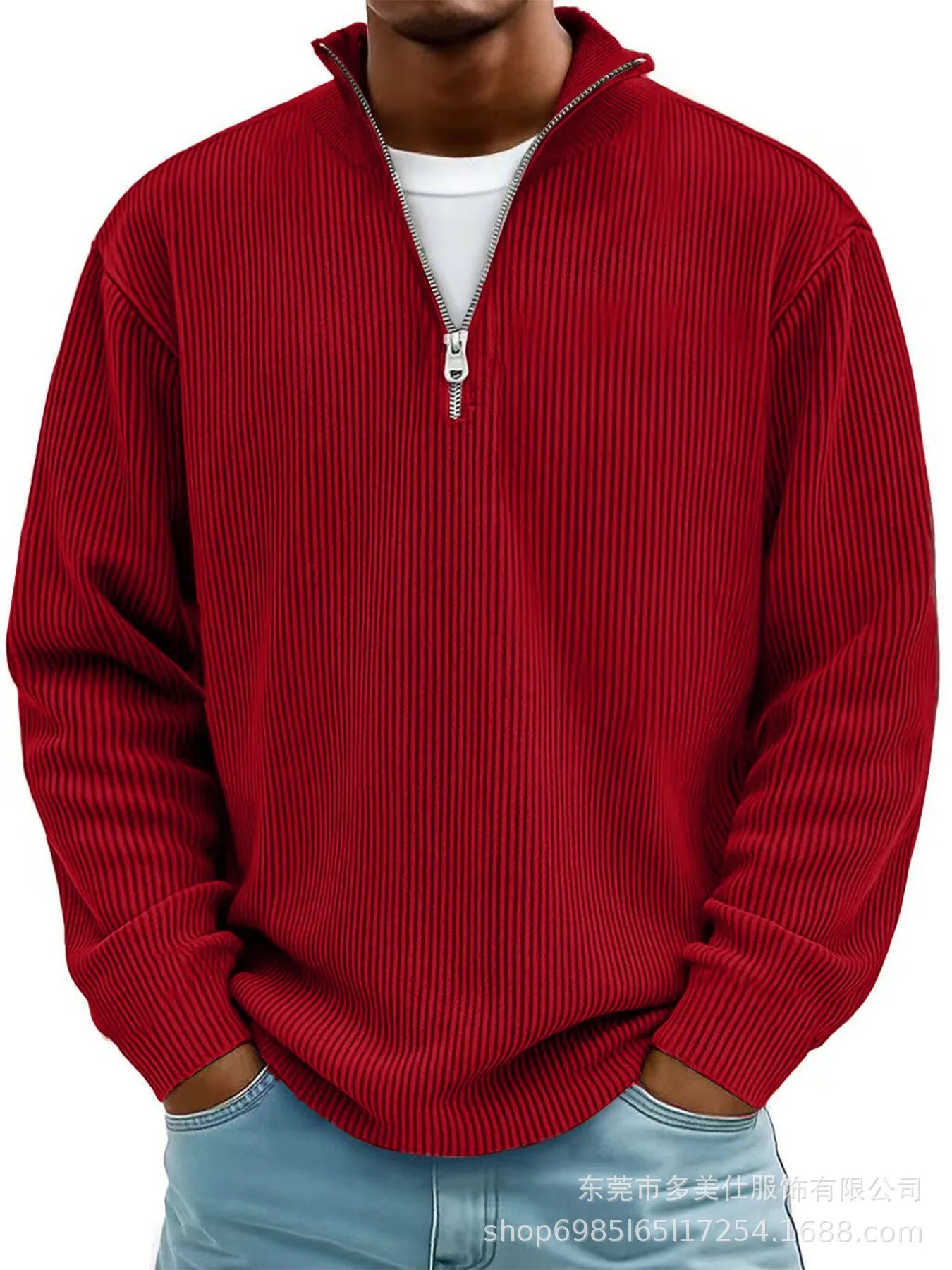 autumn/winter new men's fashion versatile casual stand up collar half zipper design corduroy long sleeved polo shirt sweatshirt
