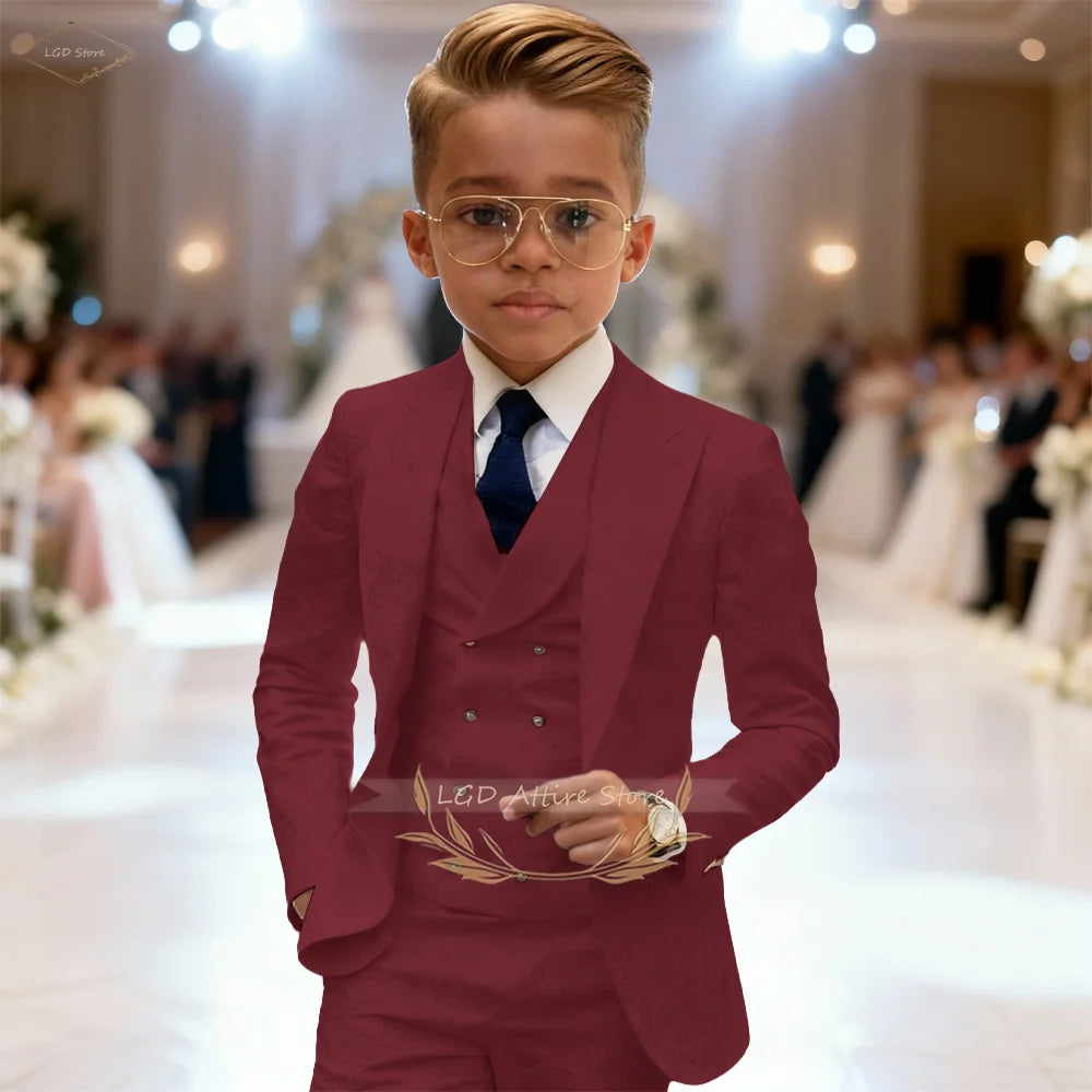Kids Boys 3 Piece Intricate Jacquard Texture Blazer Suit Vest Trousers Elegant Gentleman Wedding Ceremony Formal Dress