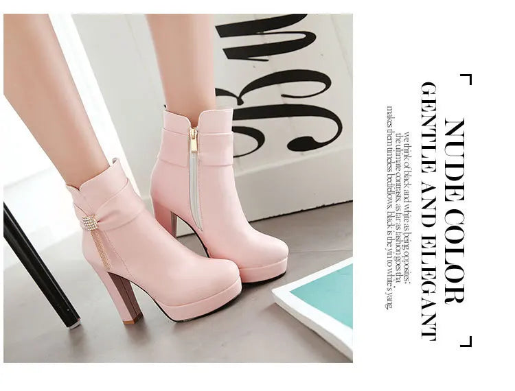 Brand Ankle Boots For Women Platform Fashion High Heel Short Boot Large Size Zipper Autumn Winter Black White Pink Women Shoes