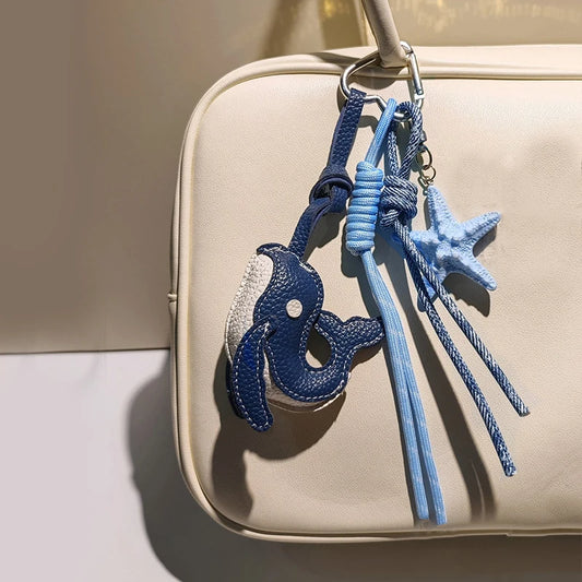 Exquisite Blue Whale Pendant Keychain,Cartoon Cute Starfish Whale Woven Rope Charm Car Bag Decoration Creative Gift
