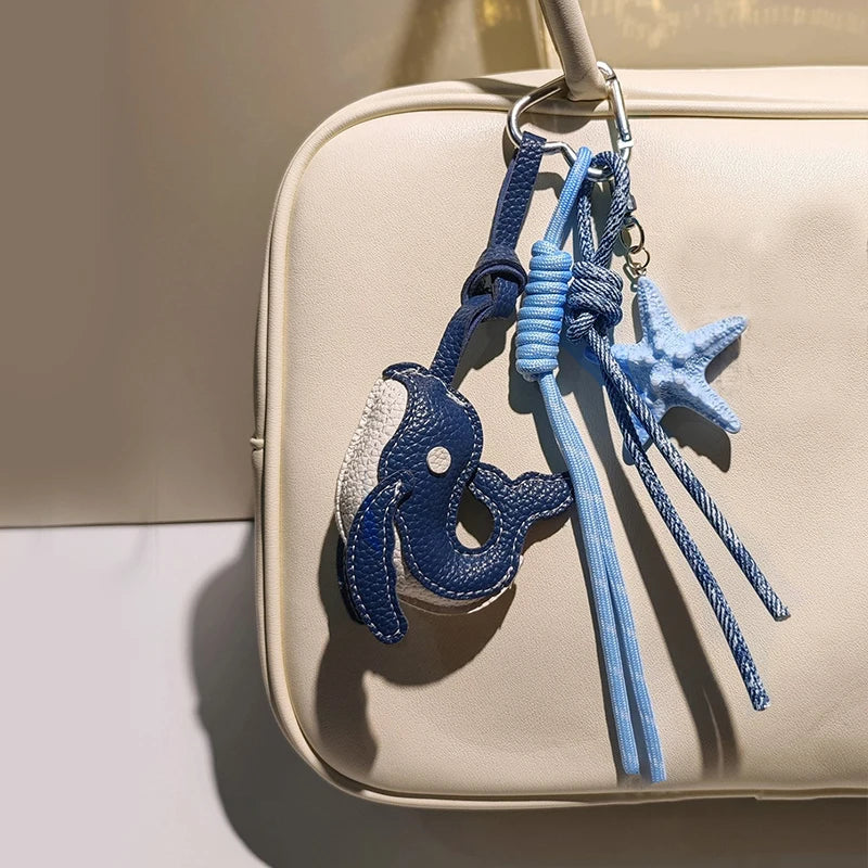 Exquisite Blue Whale Pendant Keychain,Cartoon Cute Starfish Whale Woven Rope Charm Car Bag Decoration Creative Gift