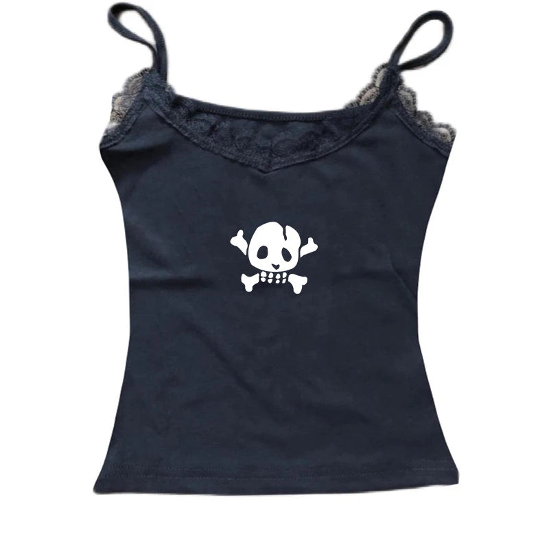Spice Girls Skull Lace Y2k Tank Top Harajuku Graphic Print Rock Goth Crop top Hip Hop Retro Sleeveless T-shirt Punk Street Sling