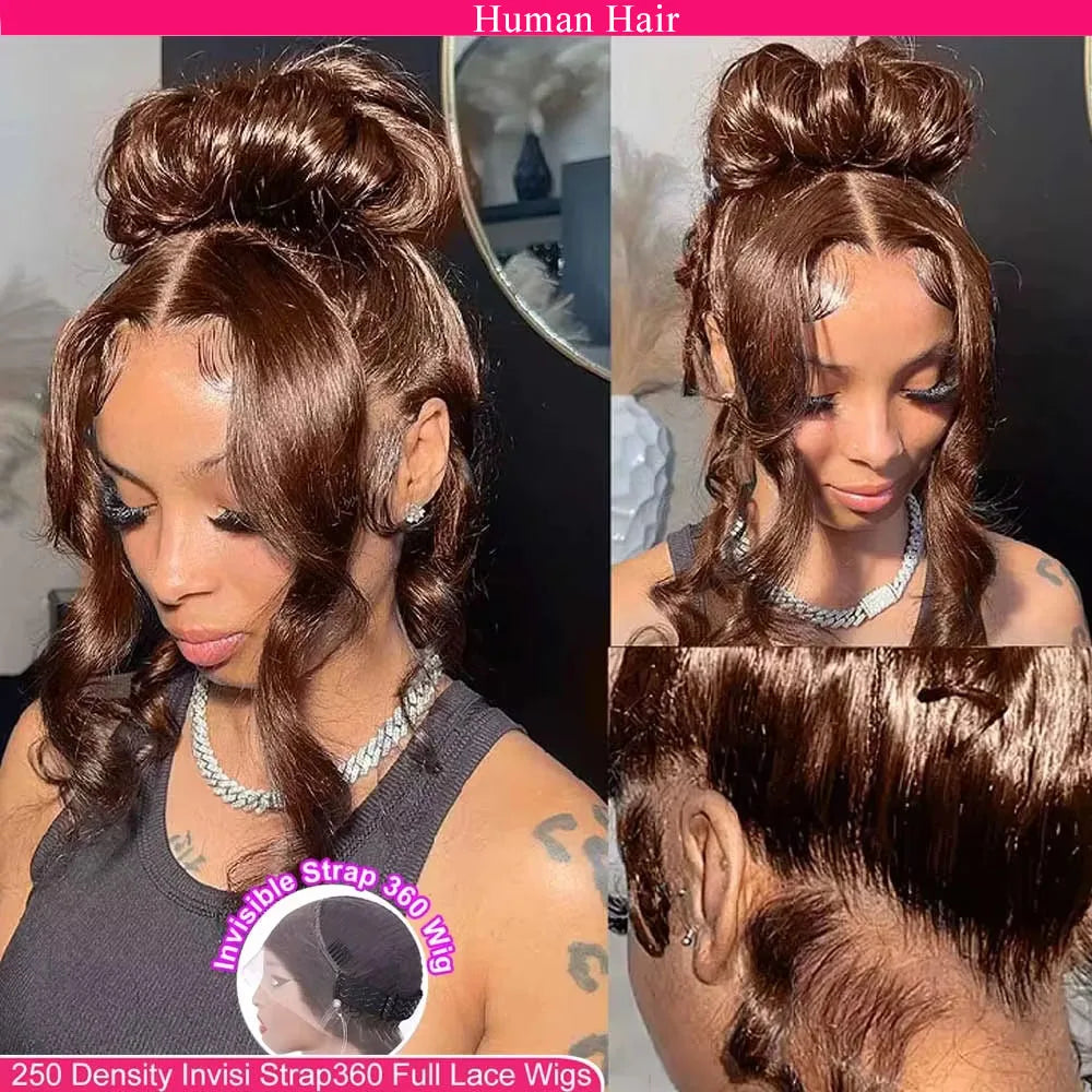 Invisi Strap 360 Full HD Lace Wig 250 Density Glueless Human Hair Wig Chocolate Brown Lace Front Wig Body Wave Frontal Wig