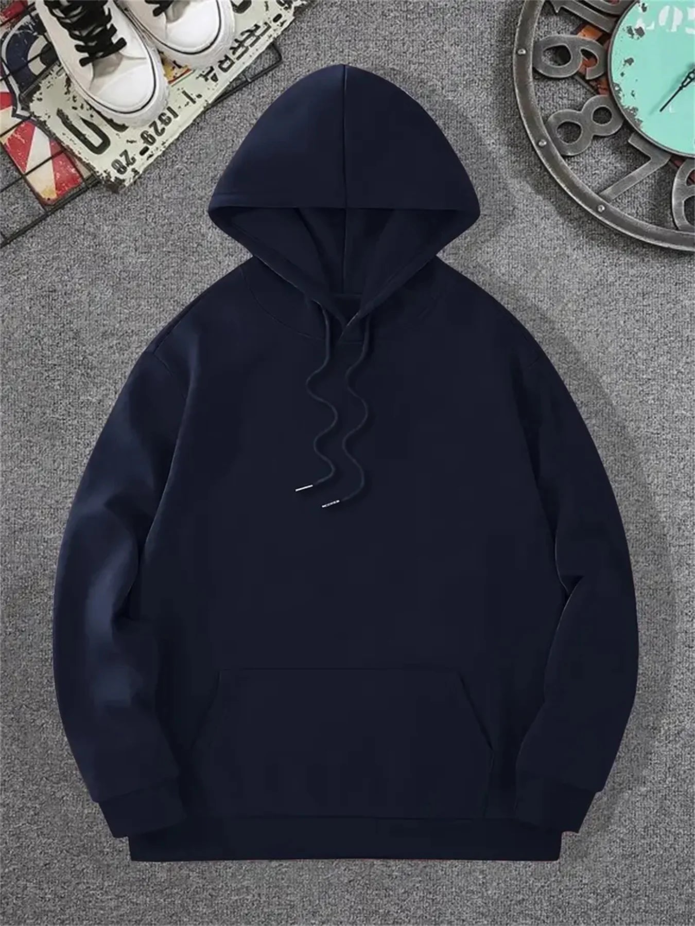 Men's autumn and winter casual fashion loose geometric print long sleeved hooded sweatshirt warm pullover BAZAARHUBO