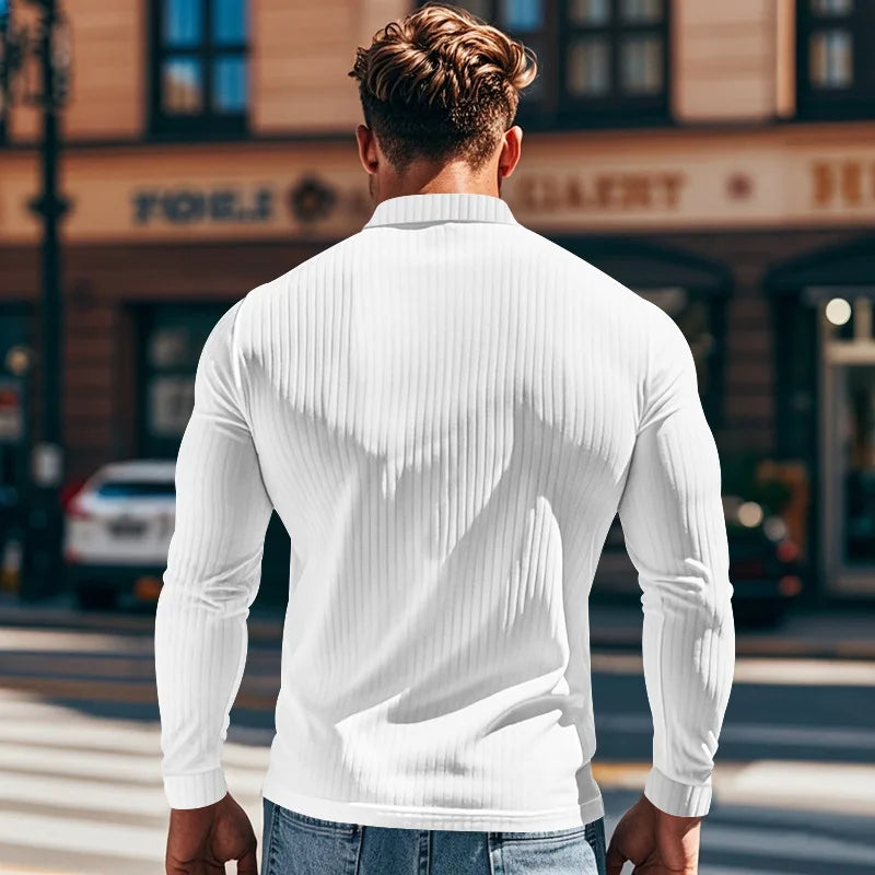 Cross-border autumn men's classic casual American lapel button-up long-sleeved T-shirt elastic pit strip polo shirt