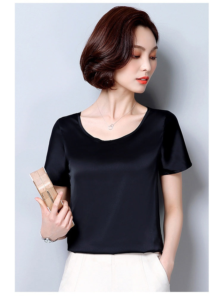 New outer wear silk round neck sling top satin short-sleeved stretch T-shirt large size bottoming shirt women