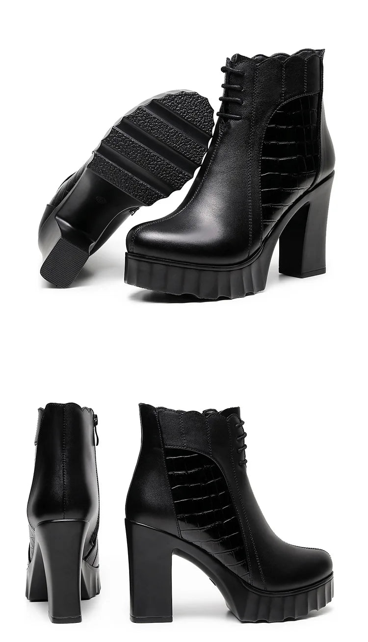 10cm Small Size 32-43 Elegant Fashion Soft Leather Boots Women Platform Shoes 2025 Winter Block High Heels Ankle Boots Office