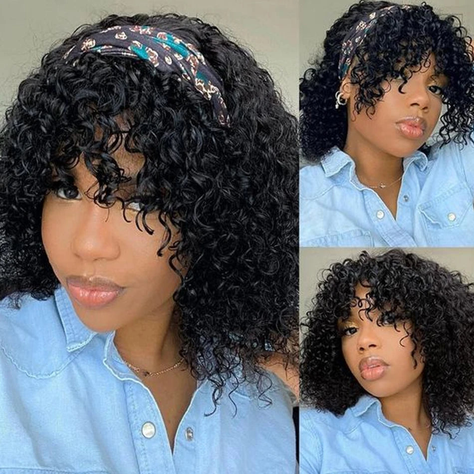 Short Curly Bob Human Hair Wig With Bangs Deep Curly No Lace 250 Density Brazilian Virgin Remy Fringe Human Hair Wigs Easy To Go