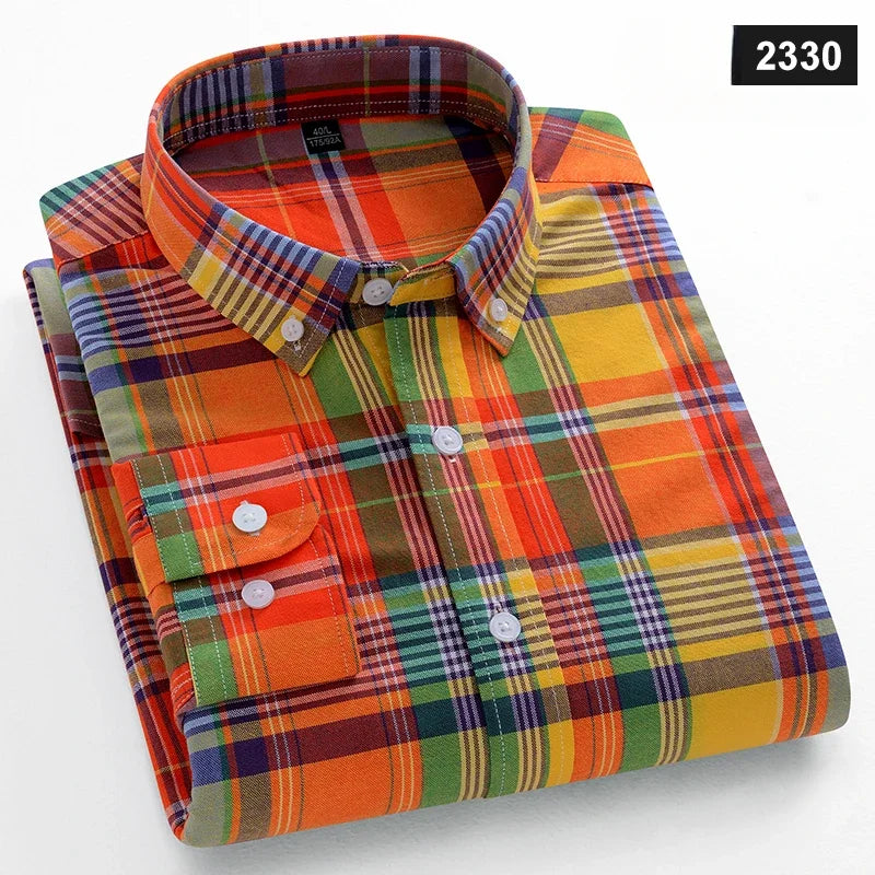 Fashion korean trends casual long-sleeve shirts for men slim fit plain shirt 100%cotton plaid striped tops soft designer clothes