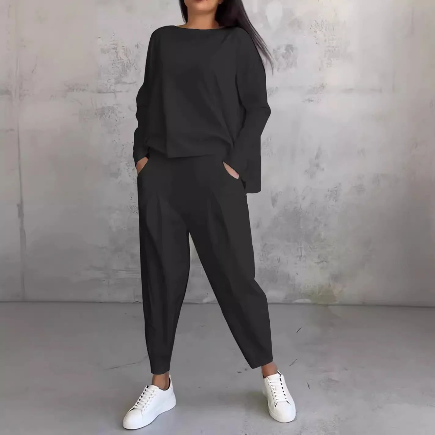 Tracksuits Women's Trousers Suit O-neck Long Sleeve Loose T-shirt Solid Color Trousers Pocket Simple 2-piece Set Loungewear