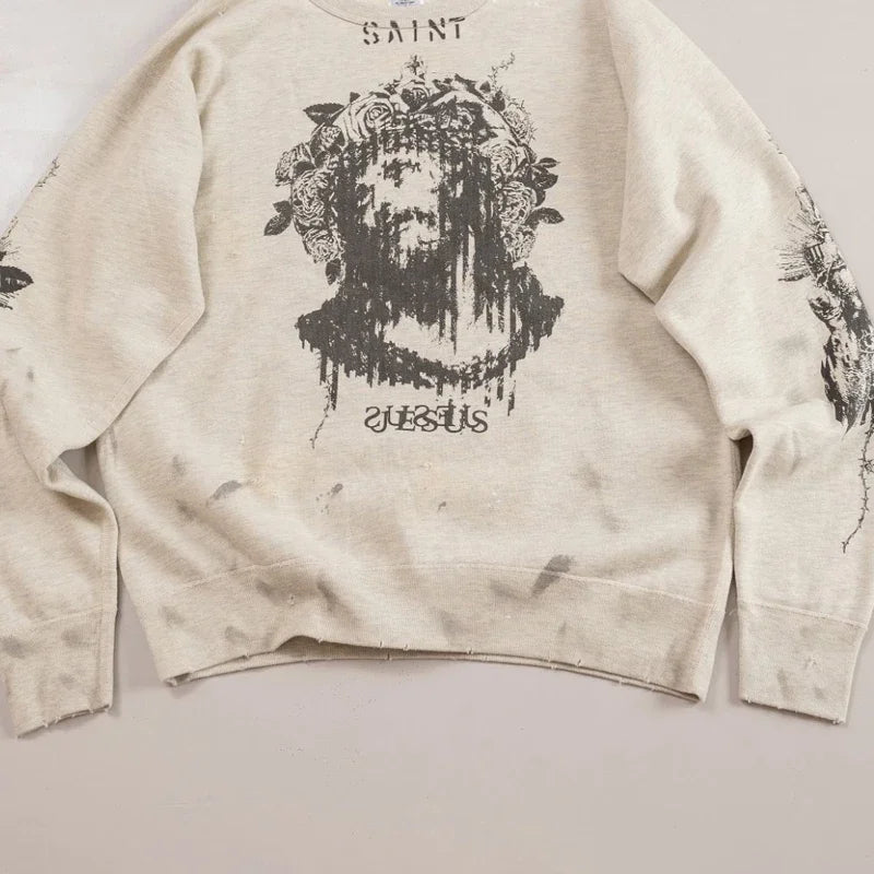 Real Photo Portrait Graffiti Print Saint Hoodie Wash Do Old Destroy Loose Pullover Casual Women Men Sweatshirt