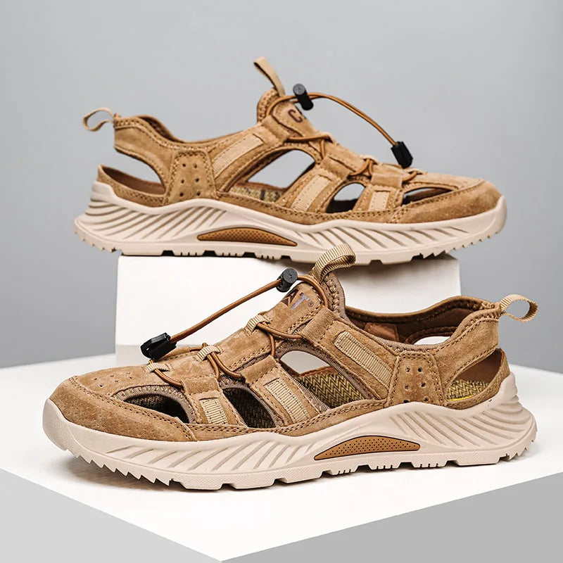 Men's Closed Toe Hiking Sandals Summer Suede Leather Non-Slip Soft Thick Sole Adjustable Drawstring Breathable Casual Beach Shoe