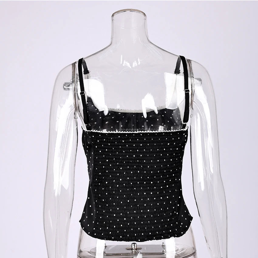 Backless Polka Dot Satin Tank Top Women Spaghetti Strap Lace Camisole Summer