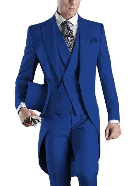 Royal Blue Long Tail Coat 3 Piece Gentleman Man Suits Male Fashion Groom Tuxedo for Wedding Prom Jacket Waistcoat with Pants