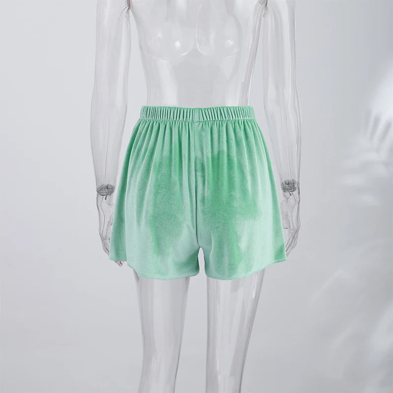 Green Velvet Lace Trim Shorts Women's Casual High-waist Straight Short Pants 2026 New Ladies Summer Vacation Beach Outfit