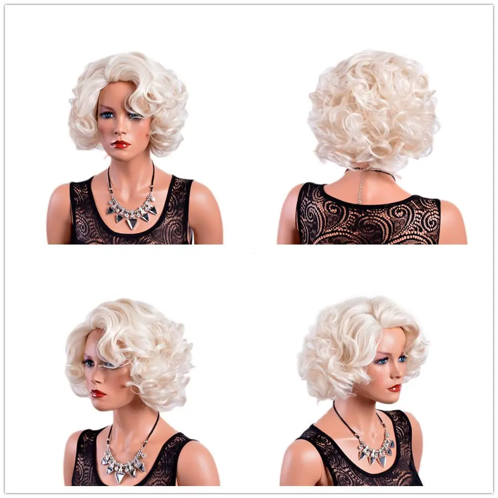 GNIMEGIL Synthetic Cosplay Wig Short Curly Hair Platinum Blonde Wigs for White Women Fluffy Curls Flip 60s Gatsby Hairstyle Wigs