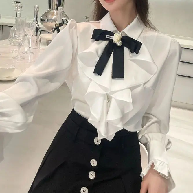 White Shirts Woman Lace Ruffles Blouses Sweet Female Peter Pan Coller Crop Long Sleeve Tops Preppy Ladies Temperament Tops Q190