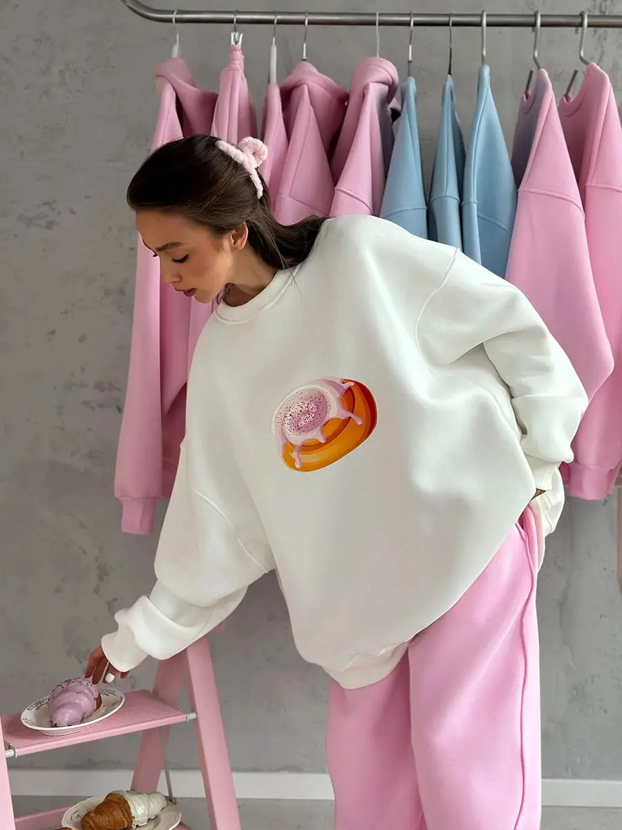 Sumuyoo Cake Printed Pullover Women's New Autumn Winter Plush Loose Slimming Long Sleeves Sweatshirts O-neck Pullover Hoodie