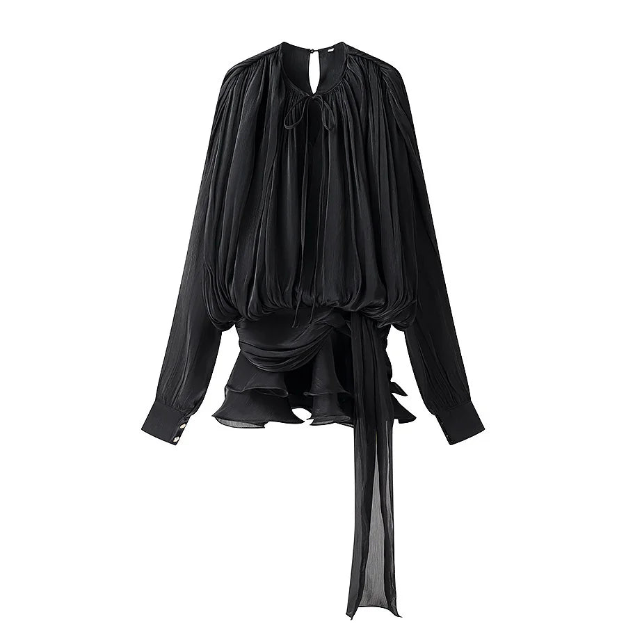 Dress Set Sweet Women Top Elegant Lantern Yarn Dress Women Spring New Short Waist Cinched Irregular Ruffle Edge Tie 9D6O