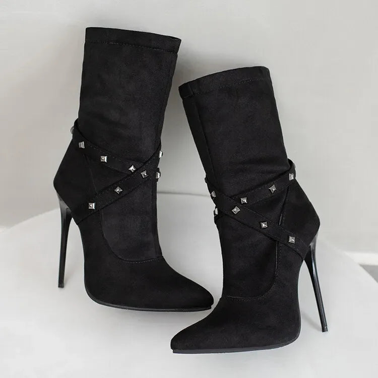 Autumn winter British style fashion high-heeled women's boots pointed toe Rivets party women's shoes high 12cm plus size 34-48