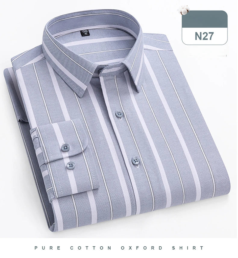 plus size 14xl 100%cotton long-sleeve shirts for men slim fit formal plain shirt soft plaid striped tops office elegants clothes