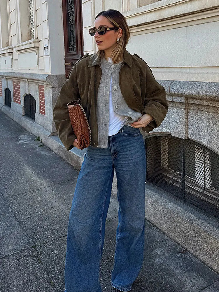 Solid Color Lapel Long Sleeves Jacket Woman Waist Cinching Loose Straight Shorts Female Sets Baggy Casual Street Women's Suit
