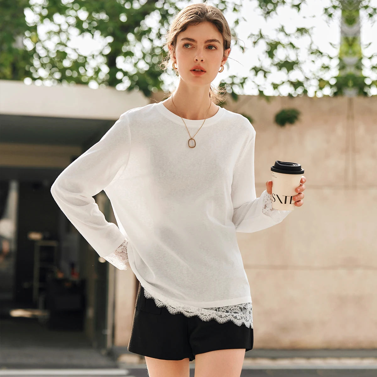 OLrain Cotton White T-shirt Women 2026 Autumn Casual Loose Tee Shirt Crewneck Lace Long Sleeve Tops Woman Clothing N57CT95669