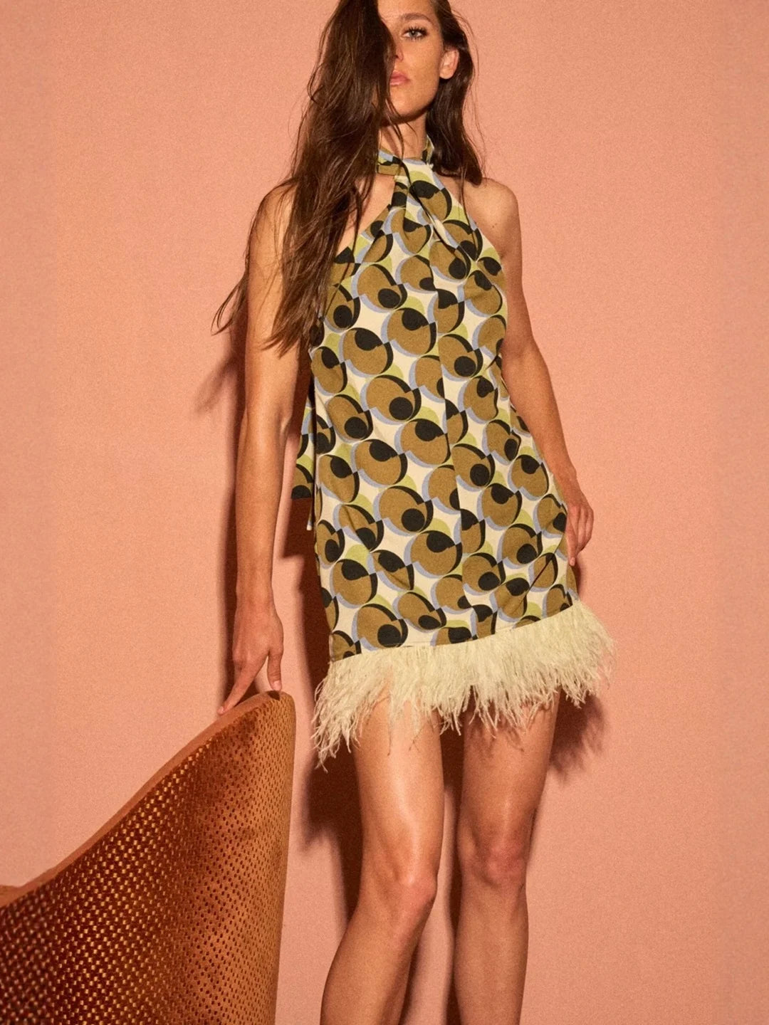 Street Style  Dress Feather Adornment Geometric Pattern Print Sleeveless Natural Waist Vest Dress Women's Summer Casual