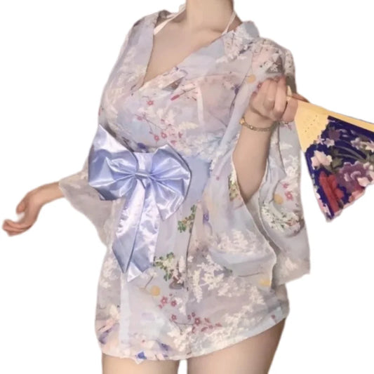 New Skirt Deep V Temptation Flirtatious Sweet Bow Tie Sexy Printed Embroidered Kimono Bathrobe Chiffon Nightgown Erotic Lingerie