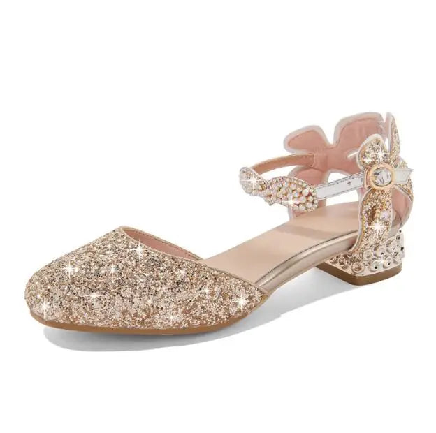 Princess Kids Leather Shoes Girls Sandal Sweet Pearl Casual Glitter Children High Heels Girls Party Dance Shoes Pink Gold Silver
