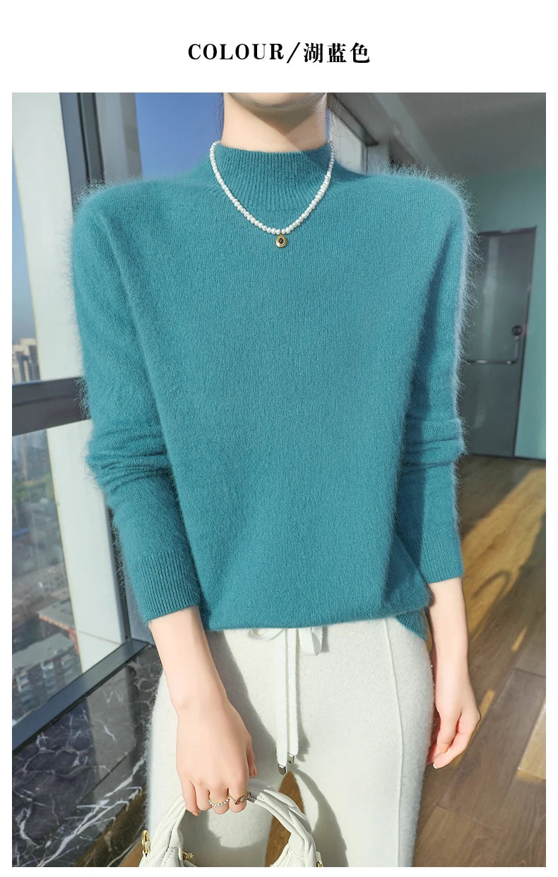 2024 Autumn And Winter New Women's Semi High Neck New Fashion Mink Sweater Long Sleeved Loose Sweater Slimming Knit Sweater Base