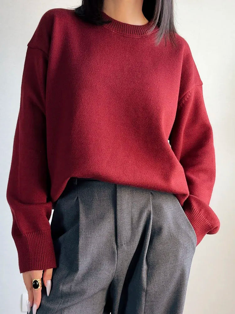Oversize Burgundy Womens O Neck Knitwear Sweater Warm Winter Pullover