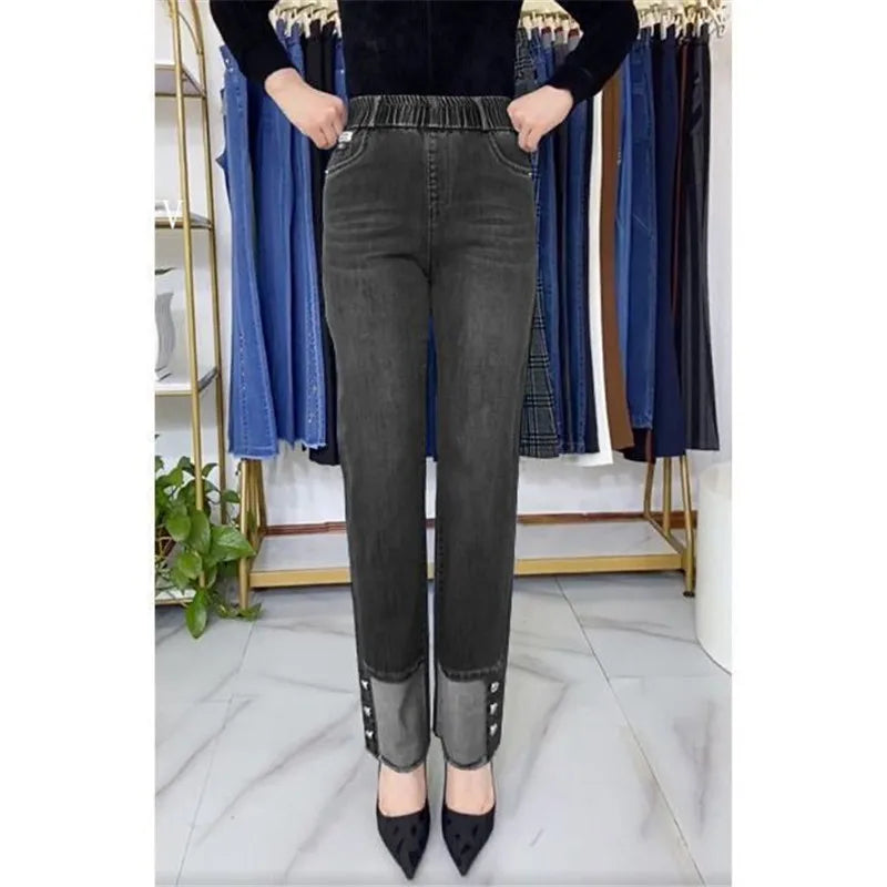 Plus Size Middle Aged Womens Jeans Elastic Waist High Waist Loose Denim Pants
