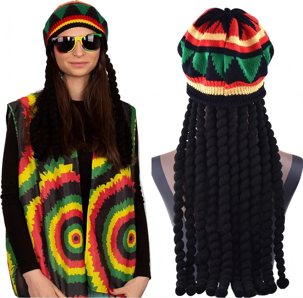 Unisex Synthetic Wig Knit Braid Hat Jamaican Bob Rasta Beanie Cap Dreadlocks Wig Bob Marley Caribbean Hip Hop Cosplay Headwear