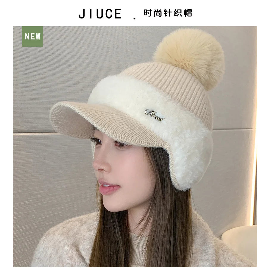 Winter Caps Patchwork Mink Fur Ear Protection Plush Hat Fashionable Solid Color Simple Wool Ball Knitted Hat For Women Cap BAZAARHUBO