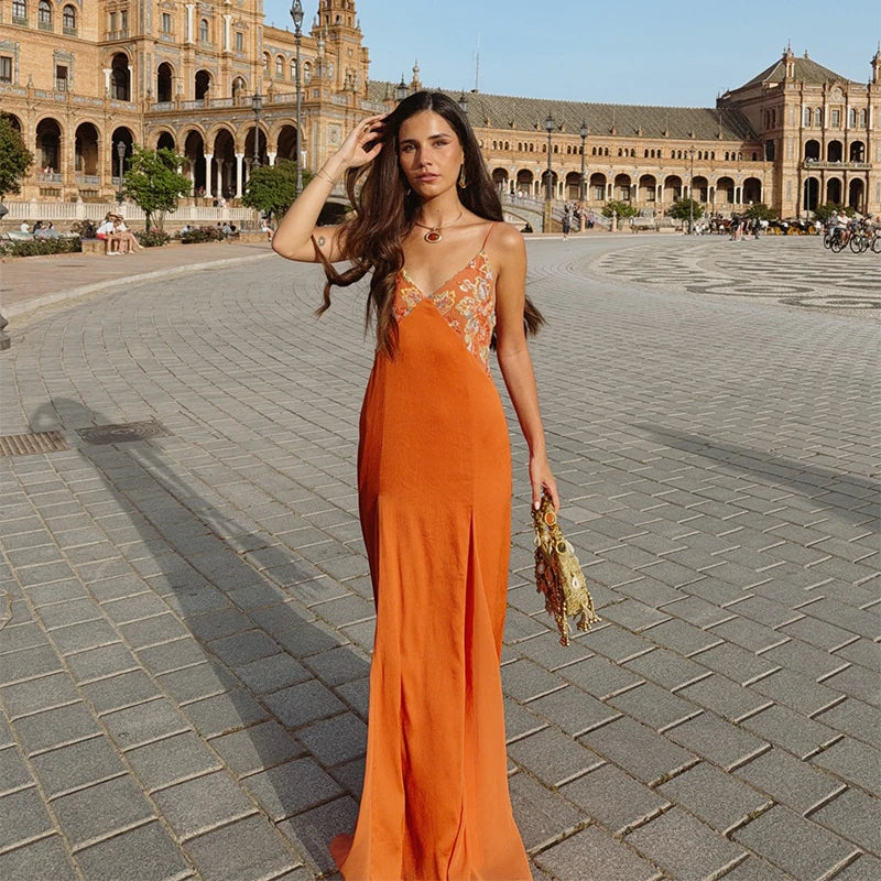 Sexy Women's Sequined Flower Long Orange Sling Dress Deep V Neck Sleeveless Backless Dresses 2026 Summer Holiday Party Robes New