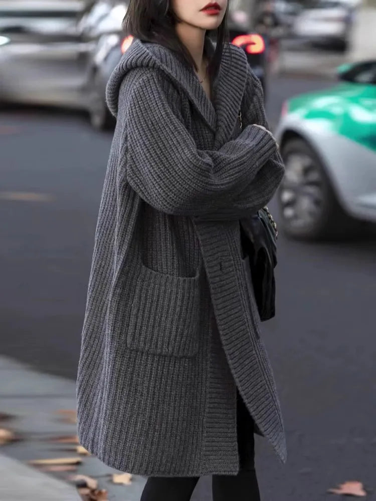 European hooded cardigan women's mid-length 100% cashmere sweater autumn and winter loose high-end lazy wind sweater coat