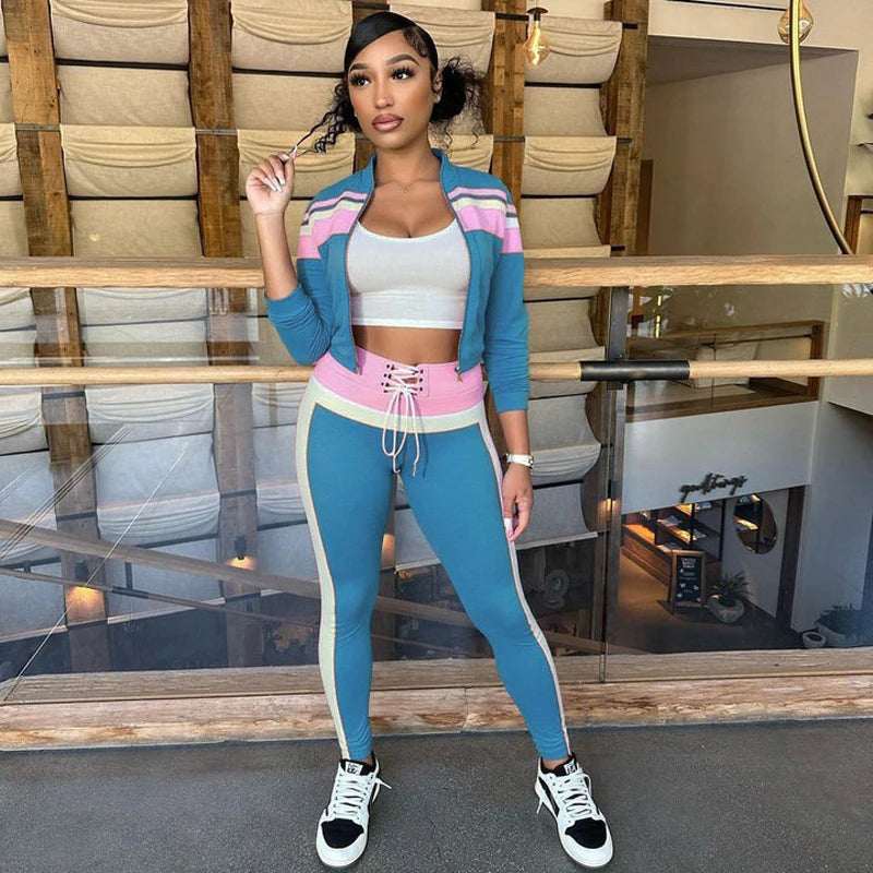 Fashion Women Tracksuit Streetwear 2piece Set Color Block Long Sleeve Zipper Jacket and Pants Sporty Fitness Gym Two Piece Sets
