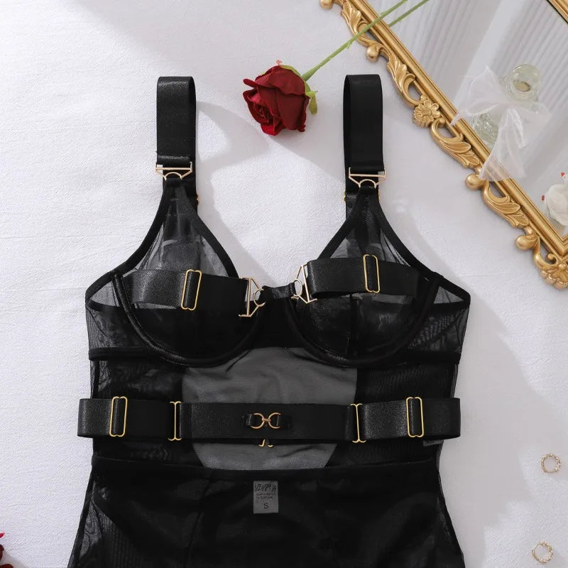 Women's Sexy 4-Pieces Lingerie Sets with Garter Belts Sissy Hot Sheer Mesh Bodysuit Skirt Bandage Porn Underwear Erotic Costumes