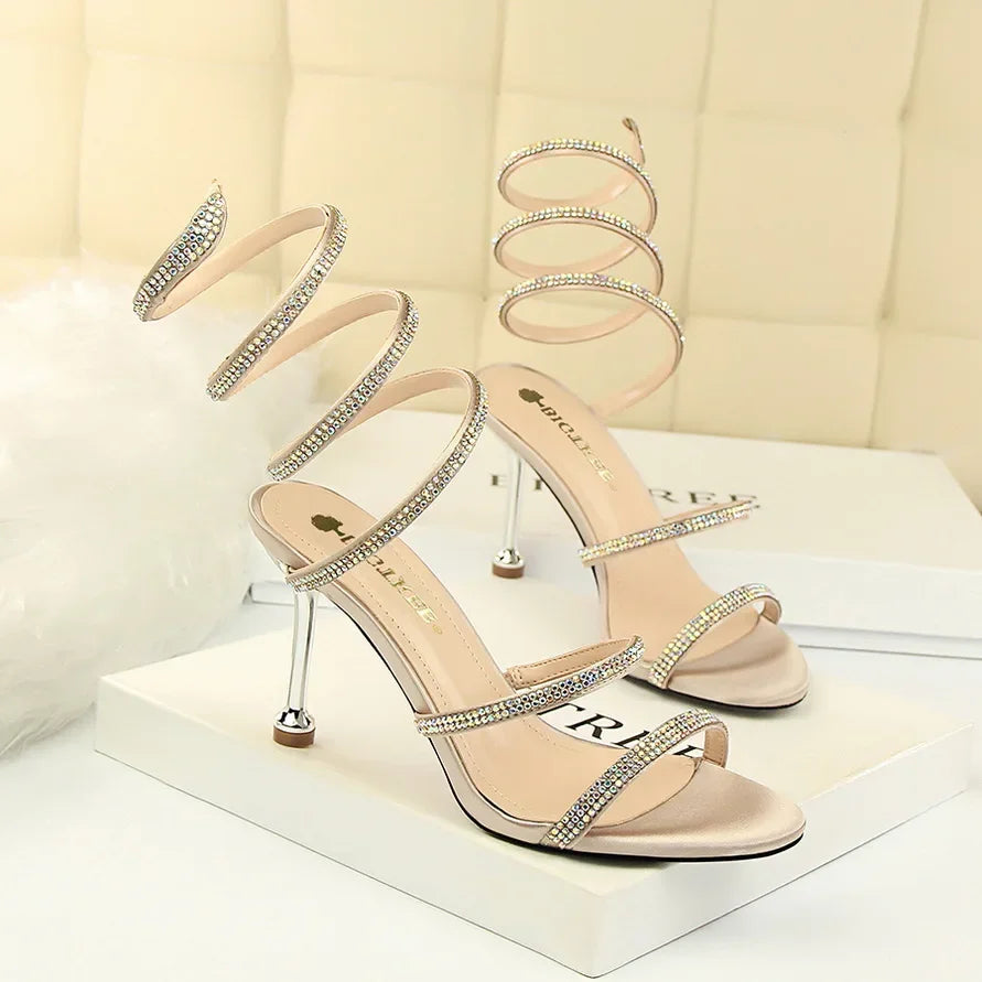 Summer Women 8.5cm High Heels Nightclub Silk Rhinestone Sandals Crystal Ankle Cross Strap Sandles Sexy Strange Gladiator Shoes